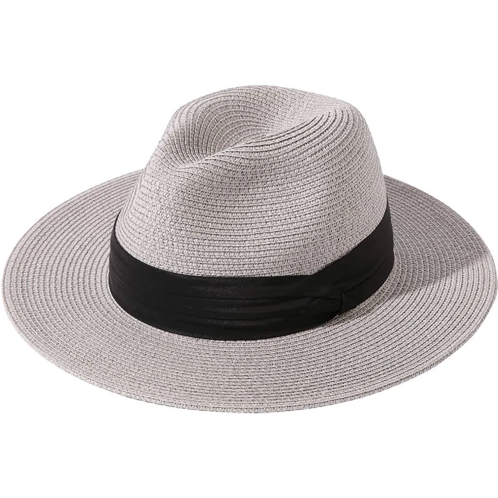 Lanzom Women Wide Brim Straw Panama Roll up Hat Belt Buckle Fedora Beach Sun Hat UPF50  | Multiple Colors