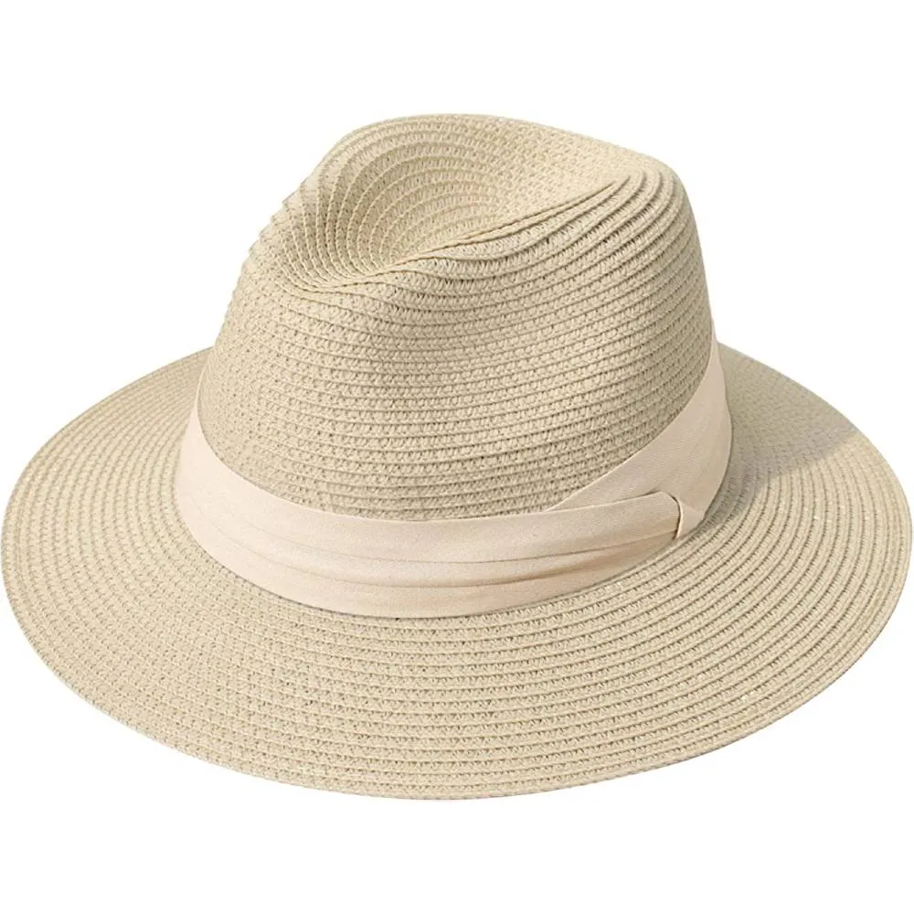 Lanzom Women Wide Brim Straw Panama Roll up Hat Belt Buckle Fedora Beach Sun Hat UPF50  | Multiple Colors