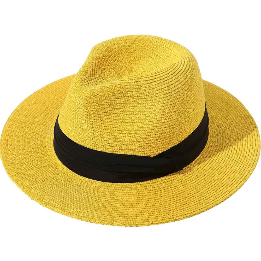 Lanzom Women Wide Brim Straw Panama Roll up Hat Belt Buckle Fedora Beach Sun Hat UPF50  | Multiple Colors