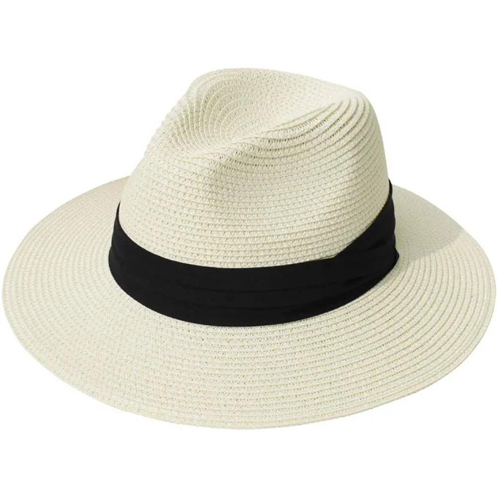 Lanzom Women Wide Brim Straw Panama Roll up Hat Belt Buckle Fedora Beach Sun Hat UPF50  | Multiple Colors
