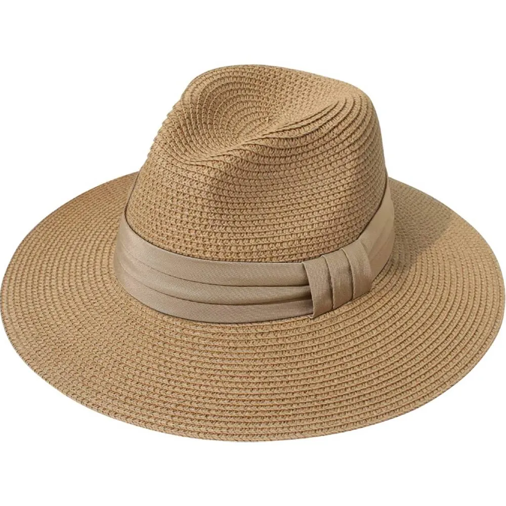Lanzom Women Wide Brim Straw Panama Roll up Hat Belt Buckle Fedora Beach Sun Hat UPF50  | Multiple Colors