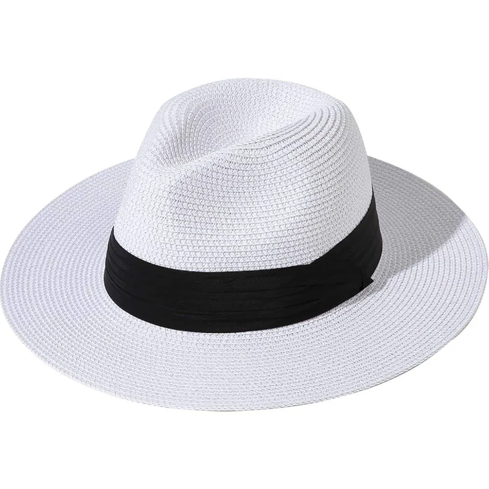 Lanzom Women Wide Brim Straw Panama Roll up Hat Belt Buckle Fedora Beach Sun Hat UPF50  | Multiple Colors