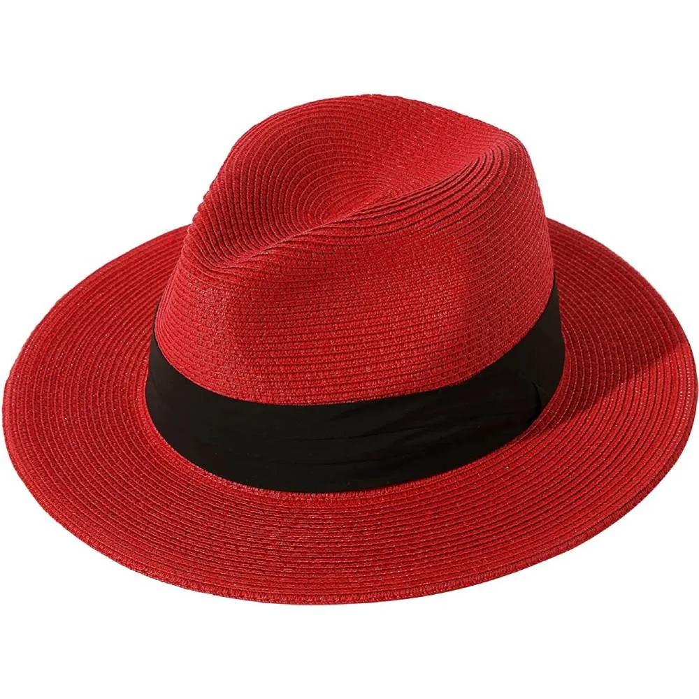 Lanzom Women Wide Brim Straw Panama Roll up Hat Belt Buckle Fedora Beach Sun Hat UPF50  | Multiple Colors
