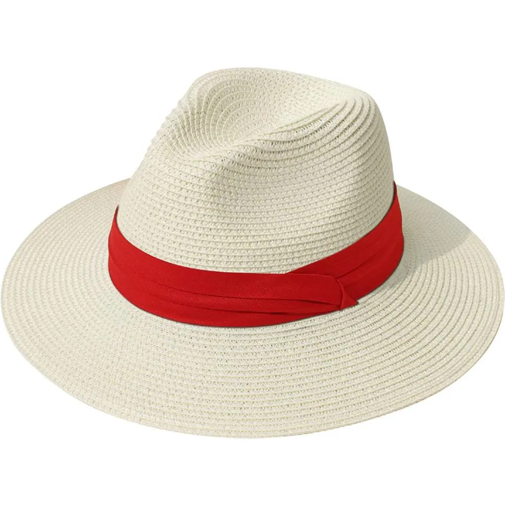 Lanzom Women Wide Brim Straw Panama Roll up Hat Belt Buckle Fedora Beach Sun Hat UPF50  | Multiple Colors