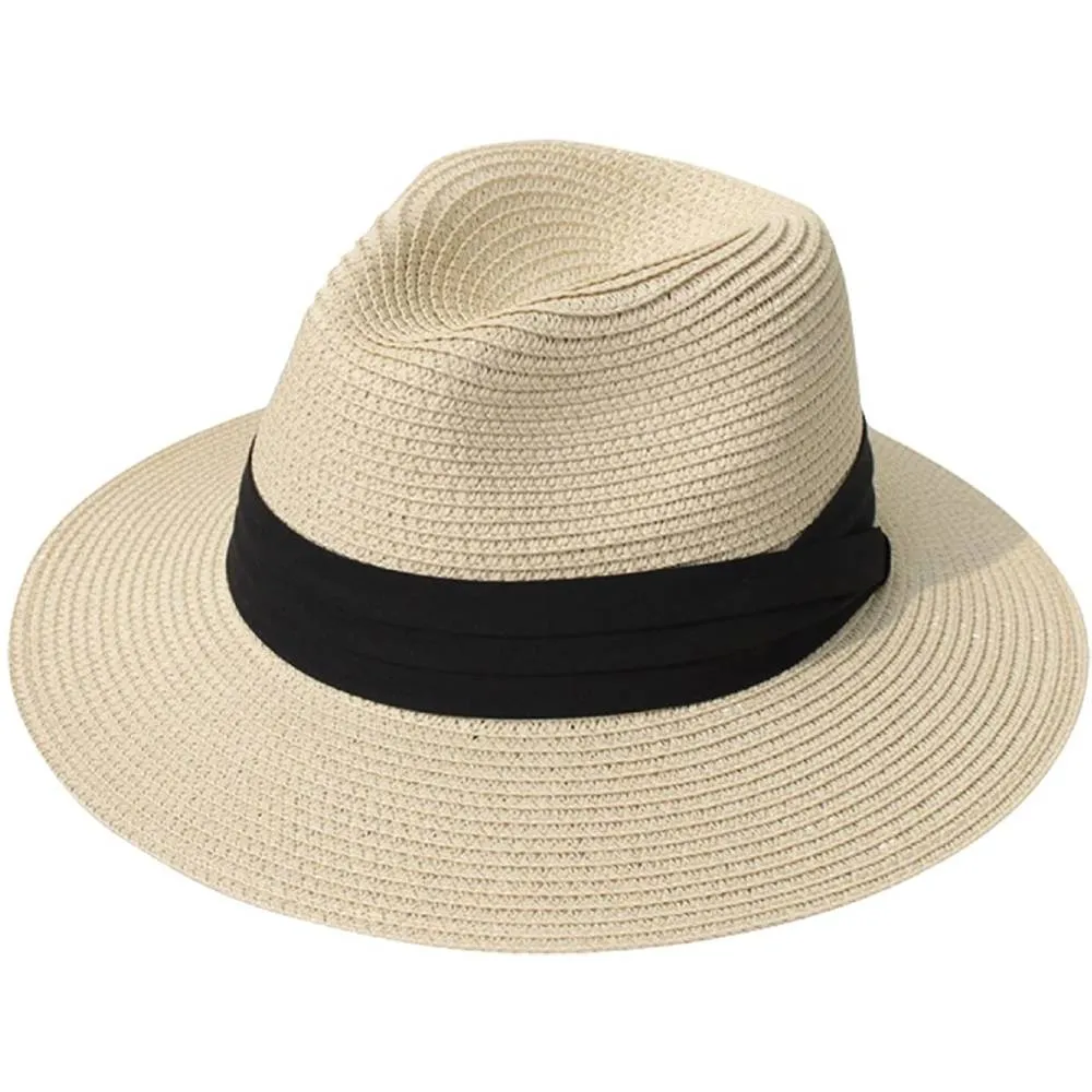 Lanzom Women Wide Brim Straw Panama Roll up Hat Belt Buckle Fedora Beach Sun Hat UPF50  | Multiple Colors