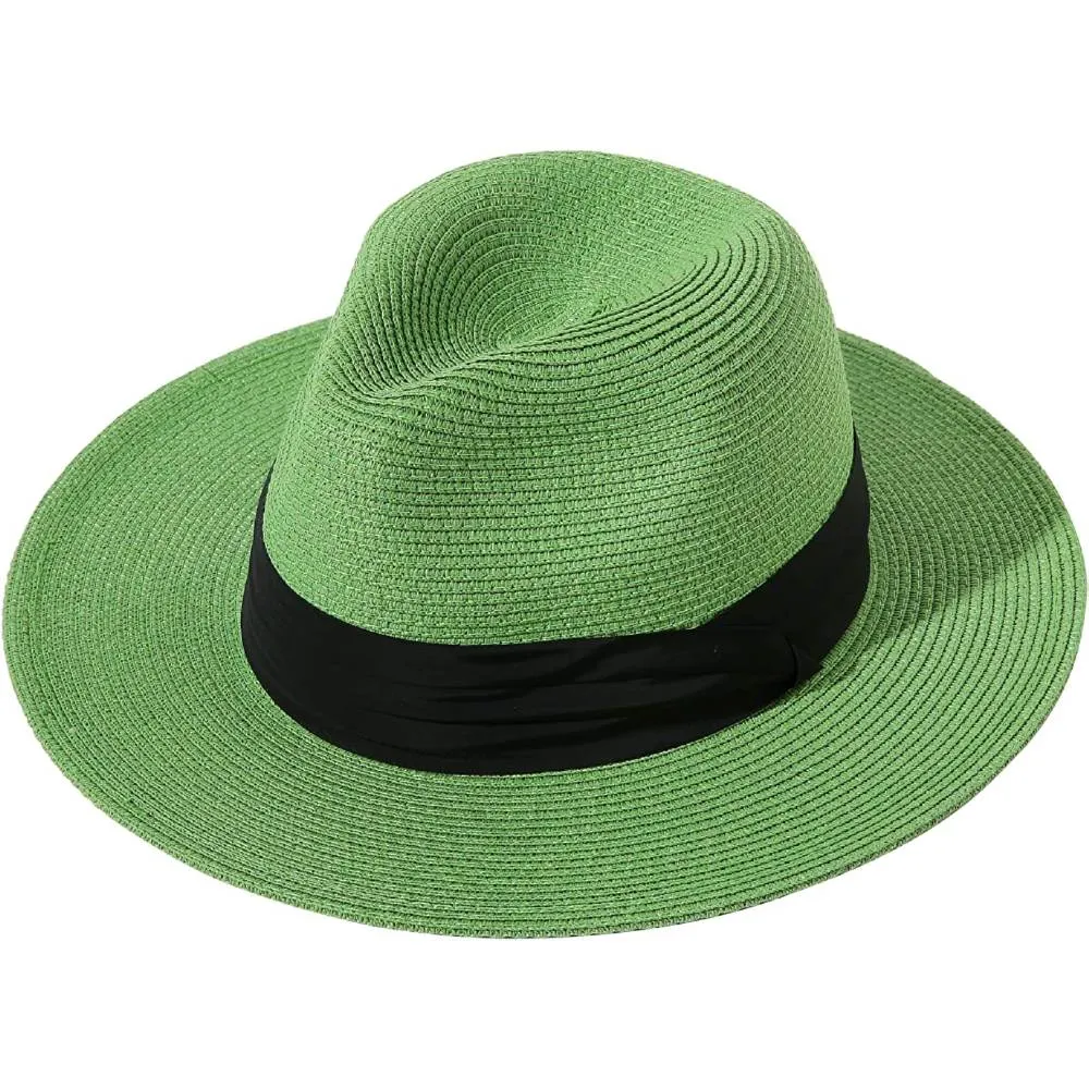 Lanzom Women Wide Brim Straw Panama Roll up Hat Belt Buckle Fedora Beach Sun Hat UPF50  | Multiple Colors