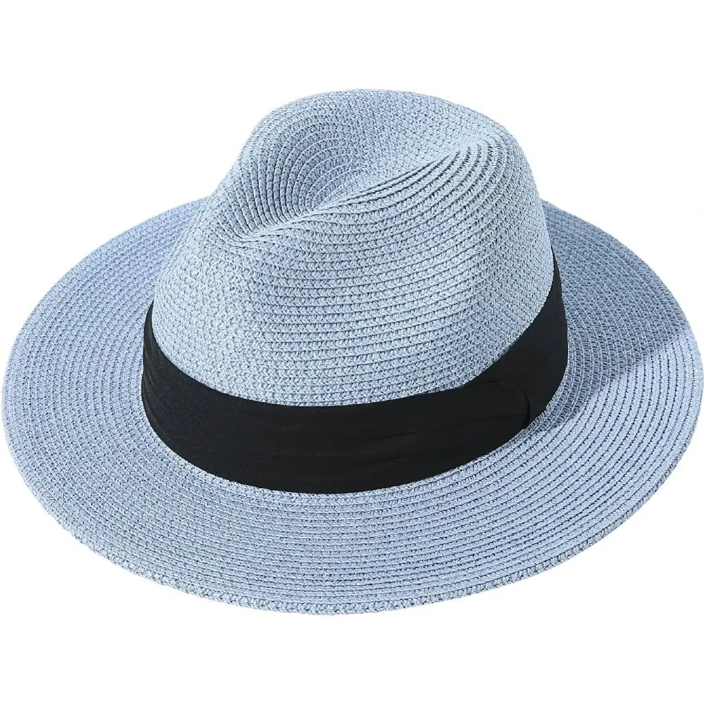 Lanzom Women Wide Brim Straw Panama Roll up Hat Belt Buckle Fedora Beach Sun Hat UPF50  | Multiple Colors