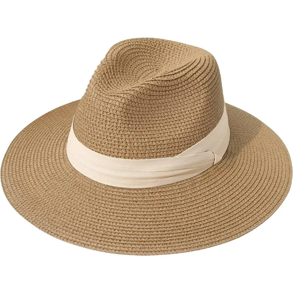 Lanzom Women Wide Brim Straw Panama Roll up Hat Belt Buckle Fedora Beach Sun Hat UPF50  | Multiple Colors