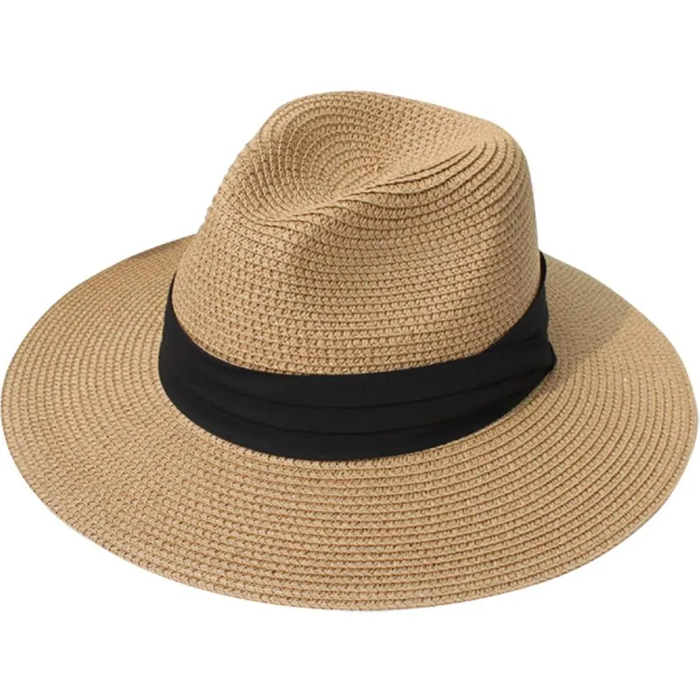Lanzom Women Wide Brim Straw Panama Roll up Hat Belt Buckle Fedora Beach Sun Hat UPF50  | Multiple Colors
