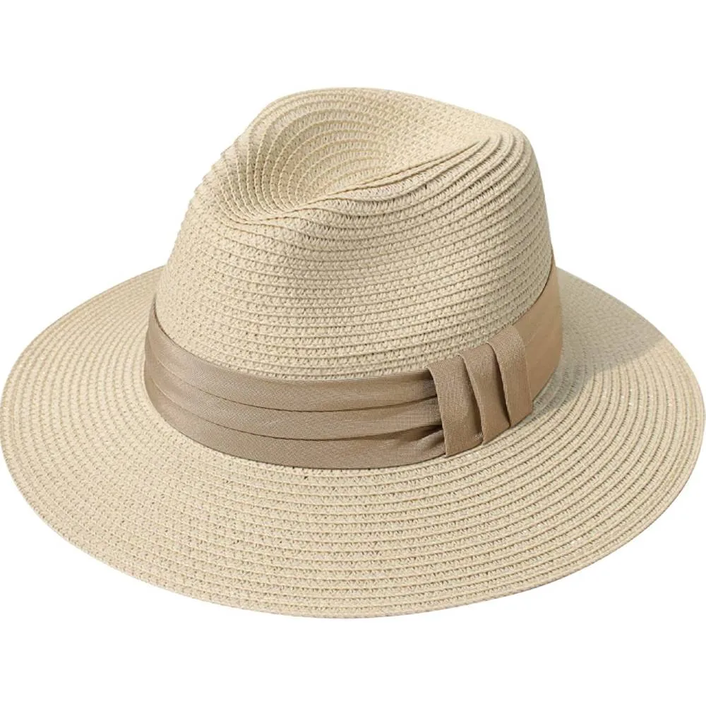 Lanzom Women Wide Brim Straw Panama Roll up Hat Belt Buckle Fedora Beach Sun Hat UPF50  | Multiple Colors