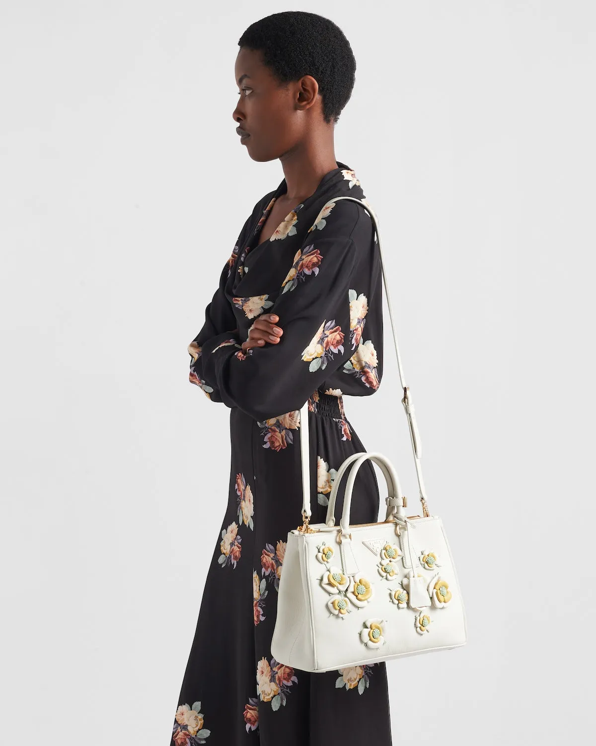 Large Prada Galleria Leather Bag With Floral Appliqués