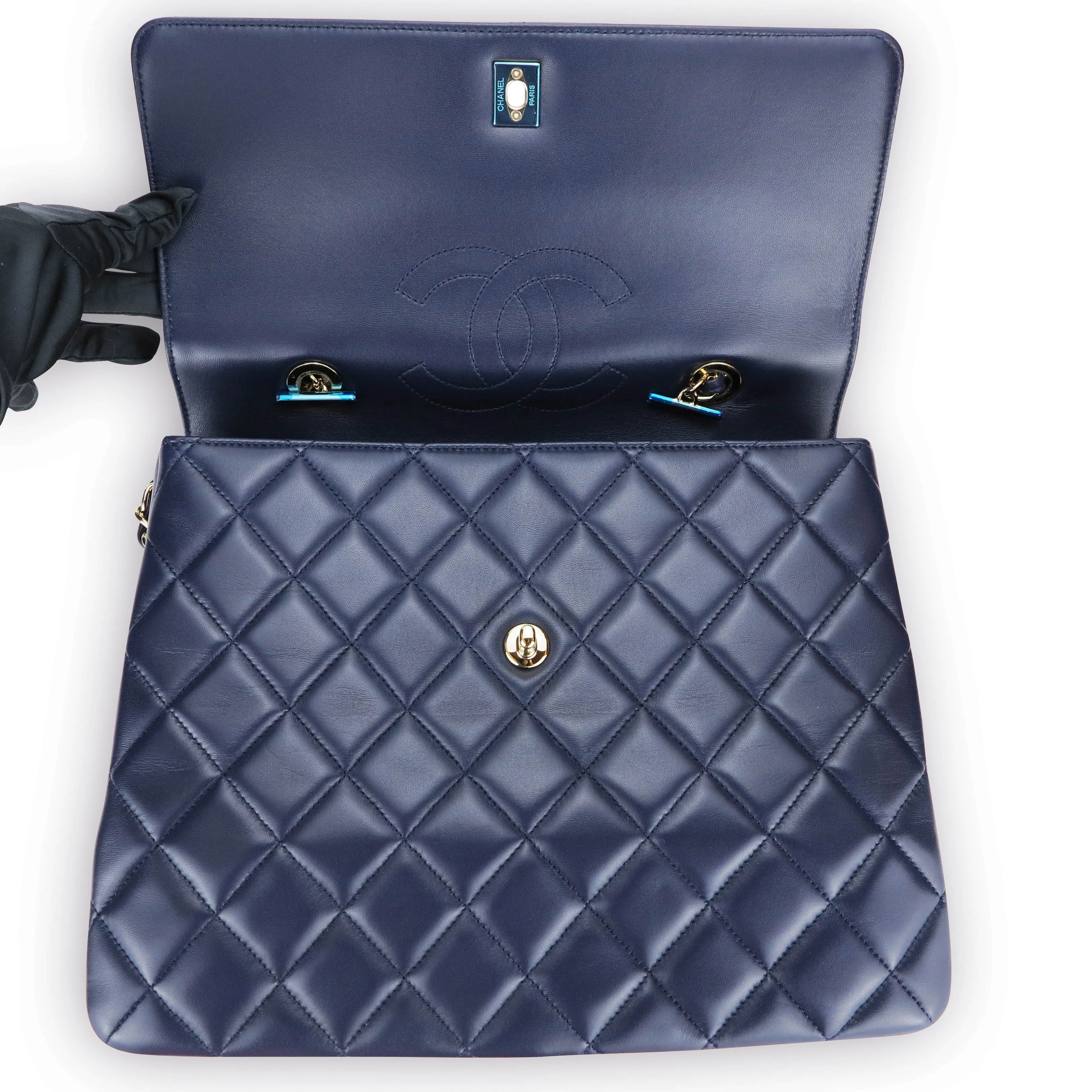 Large Trendy CC Handle Flap Bag in Navy Blue Lambskin