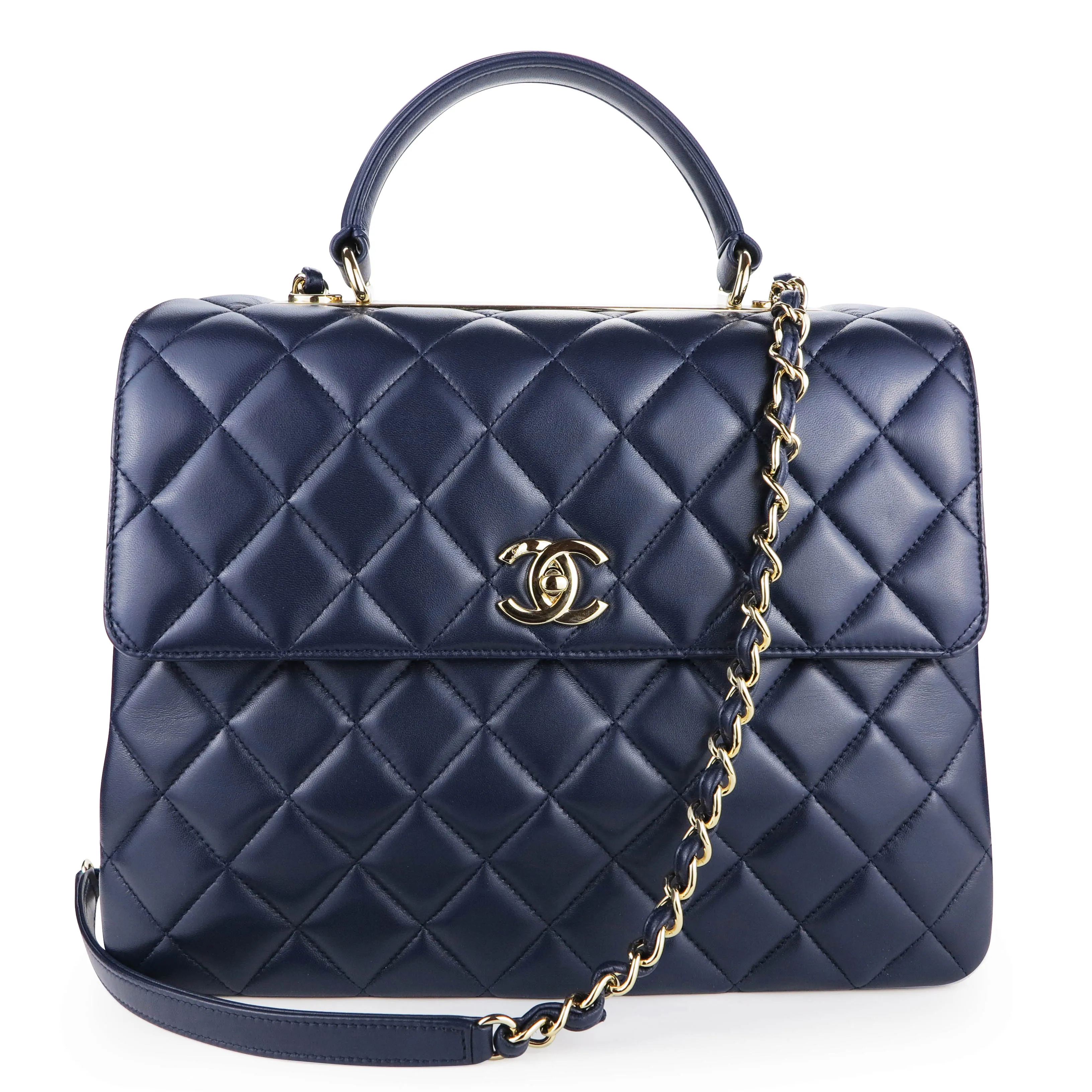 Large Trendy CC Handle Flap Bag in Navy Blue Lambskin