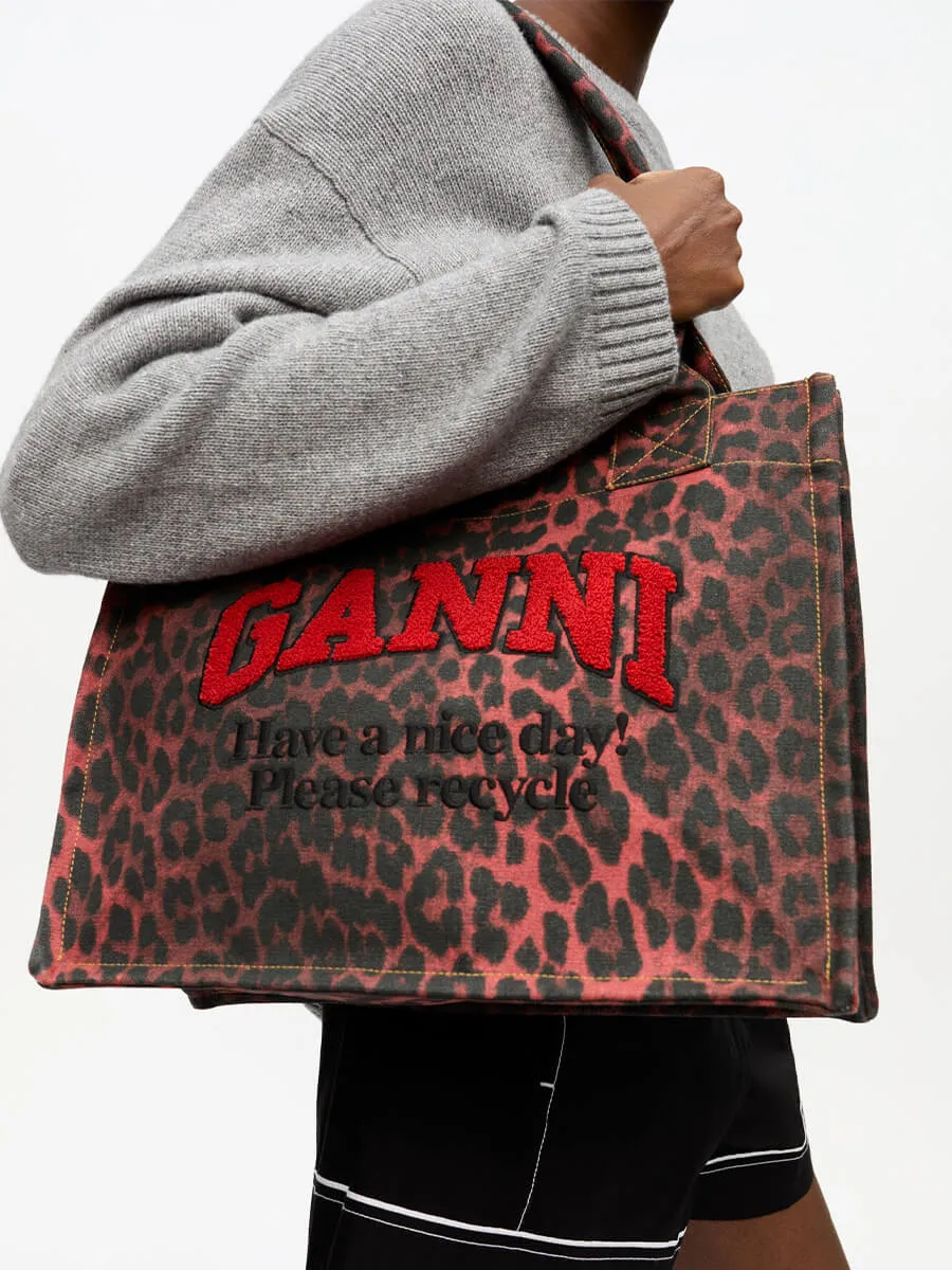 Leopard Print Large Canvas Tote Bag - Racing Red