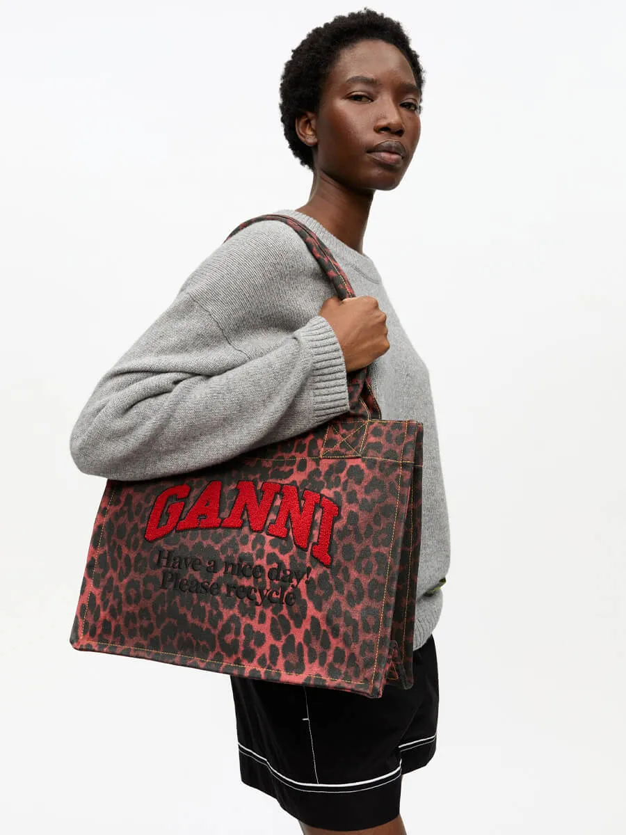 Leopard Print Large Canvas Tote Bag - Racing Red