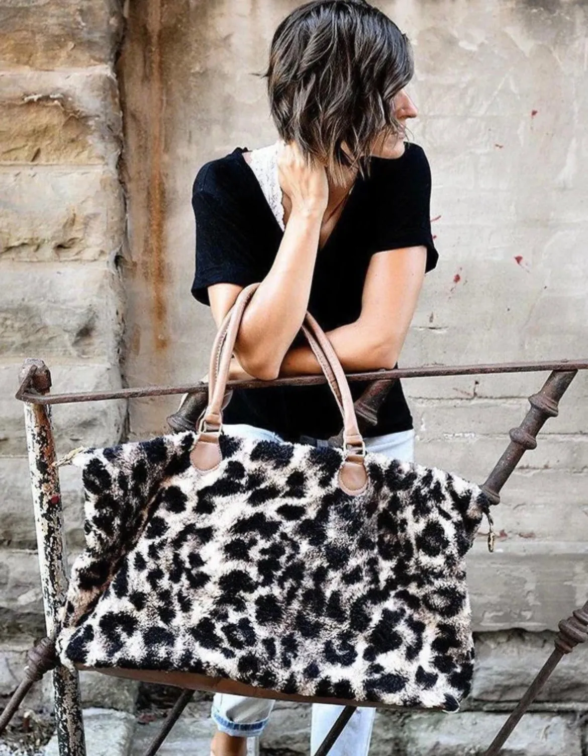 Leopard print Sherpa weekender bag