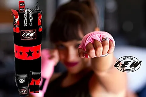 LEW Punching Bag Combo 9 Piece Boxing Set Filled with Heavy Bag Gloves Ceiling Hook Chains Hand Wraps Training Kickboxing Muay Thai MMA Boxing Punching Bag