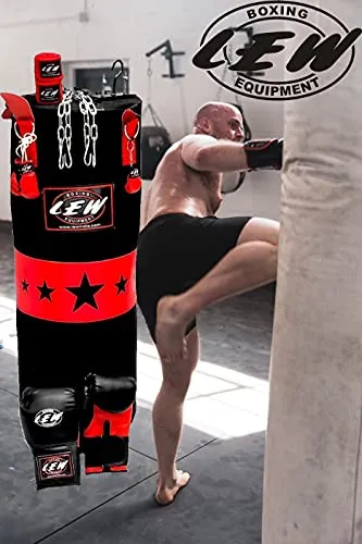 LEW Punching Bag Combo 9 Piece Boxing Set Filled with Heavy Bag Gloves Ceiling Hook Chains Hand Wraps Training Kickboxing Muay Thai MMA Boxing Punching Bag