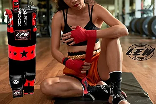LEW Punching Bag Combo 9 Piece Boxing Set Filled with Heavy Bag Gloves Ceiling Hook Chains Hand Wraps Training Kickboxing Muay Thai MMA Boxing Punching Bag