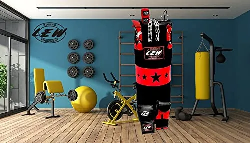 LEW Punching Bag Combo 9 Piece Boxing Set Filled with Heavy Bag Gloves Ceiling Hook Chains Hand Wraps Training Kickboxing Muay Thai MMA Boxing Punching Bag