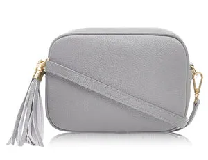 Light Grey Leather Tassel Cross Body Bag