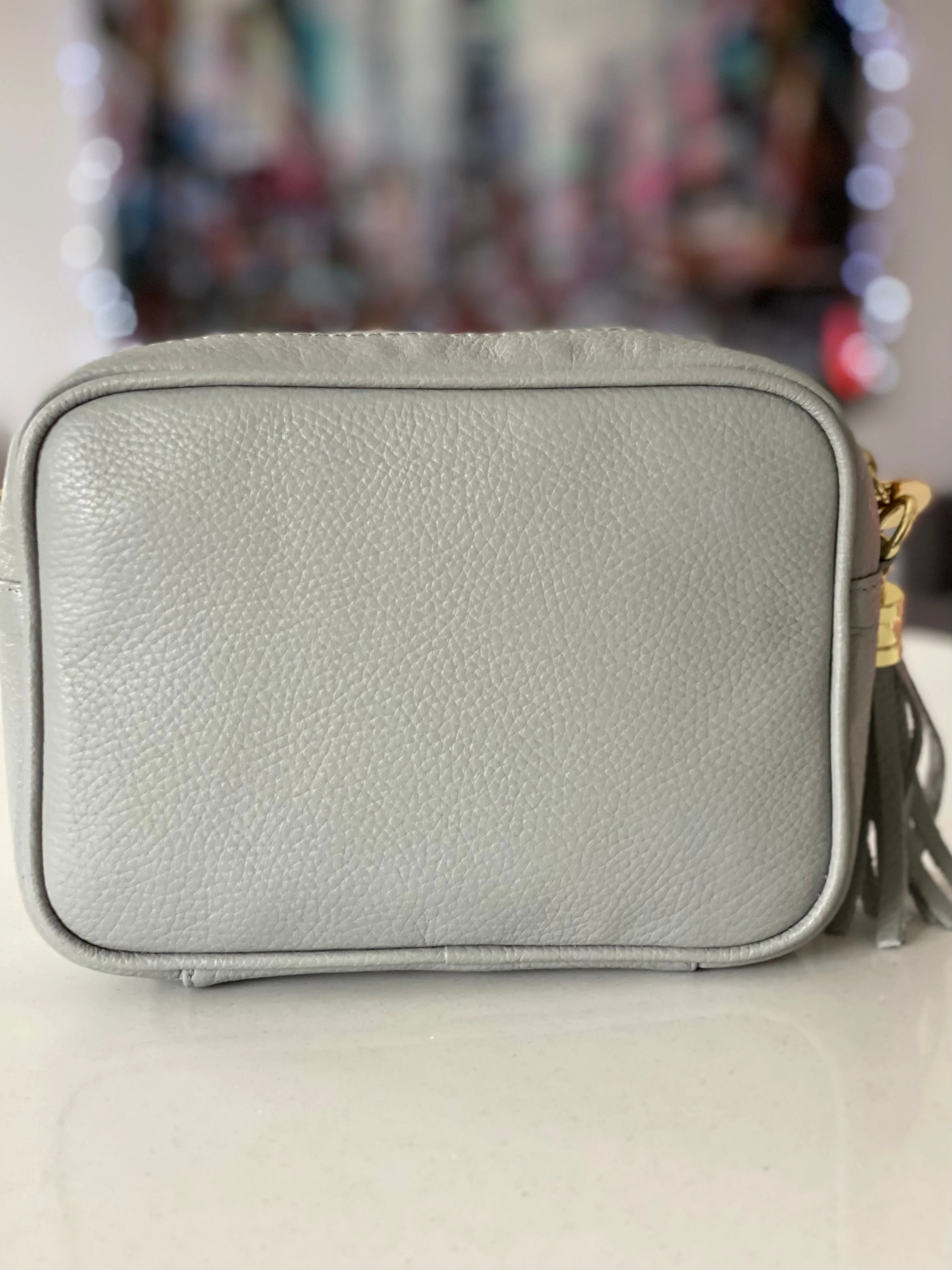 Light Grey Leather Tassel Cross Body Bag