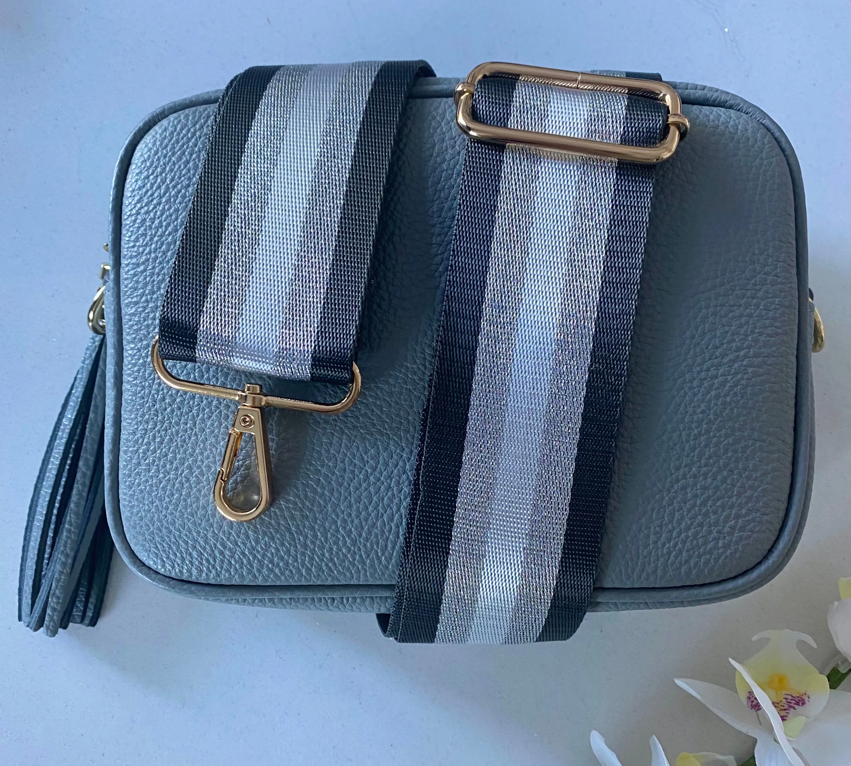 Light Grey Leather Tassel Cross Body Bag