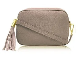 Light Grey Leather Tassel Cross Body Bag