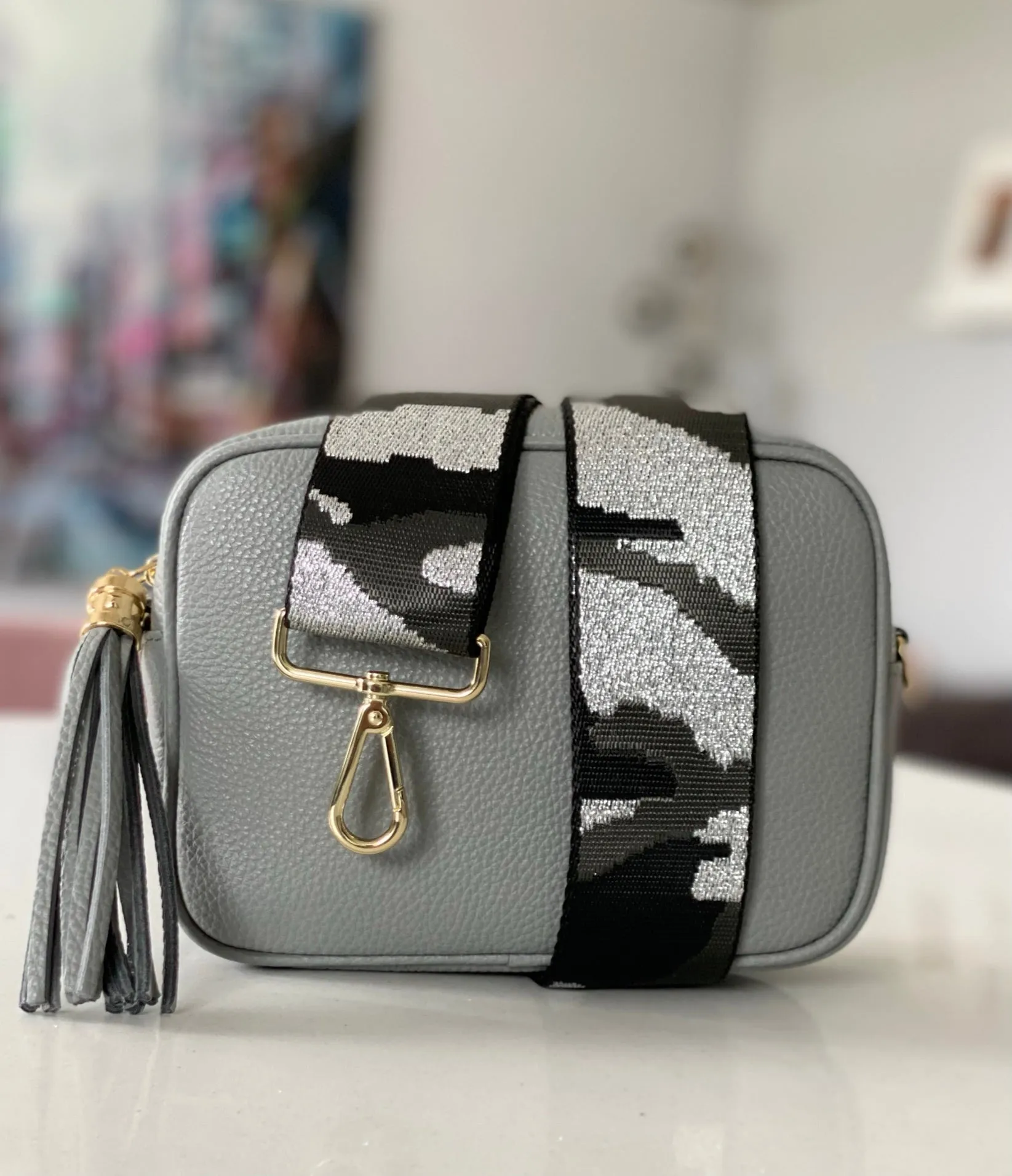 Light Grey Leather Tassel Cross Body Bag