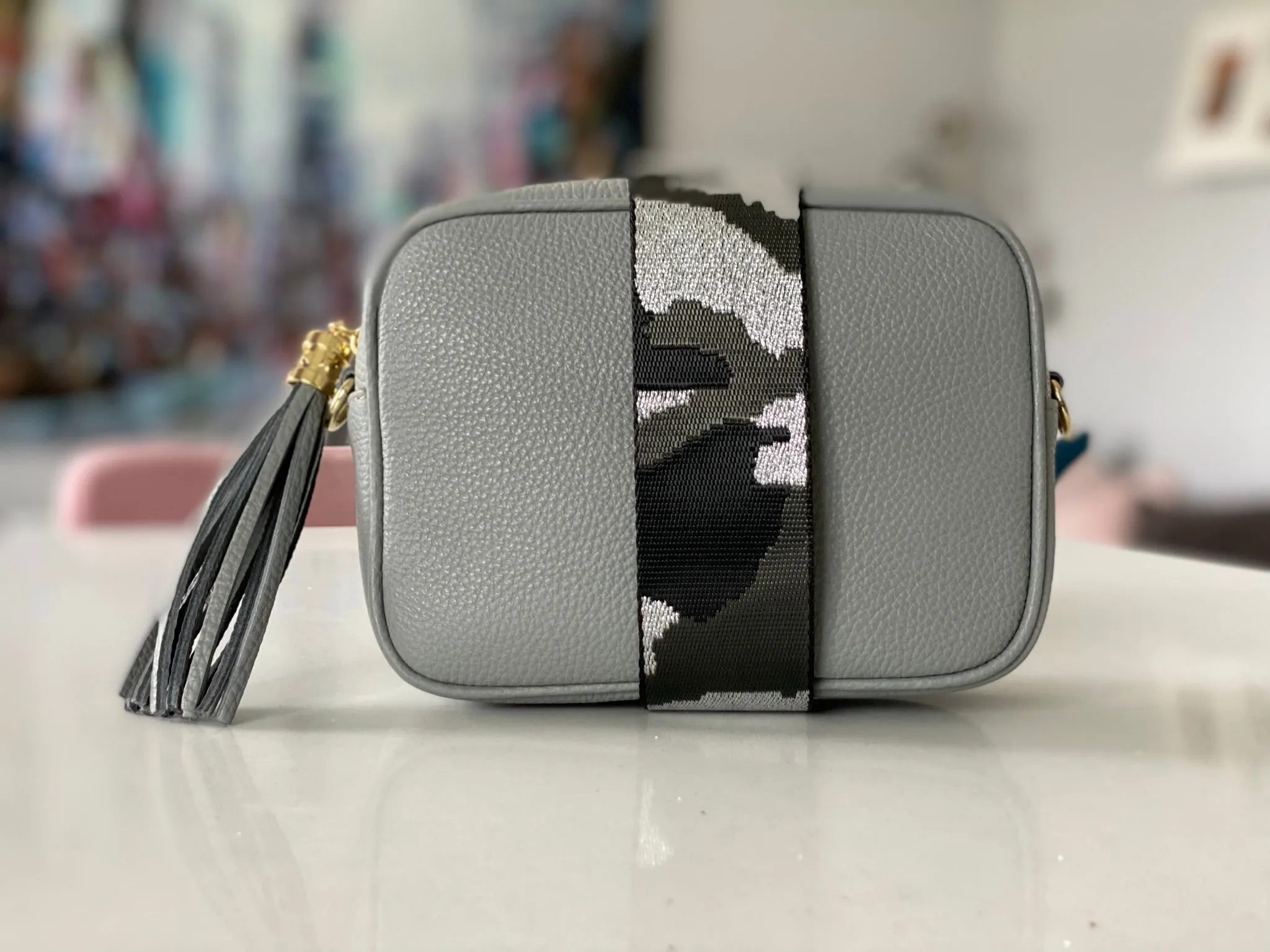 Light Grey Leather Tassel Cross Body Bag