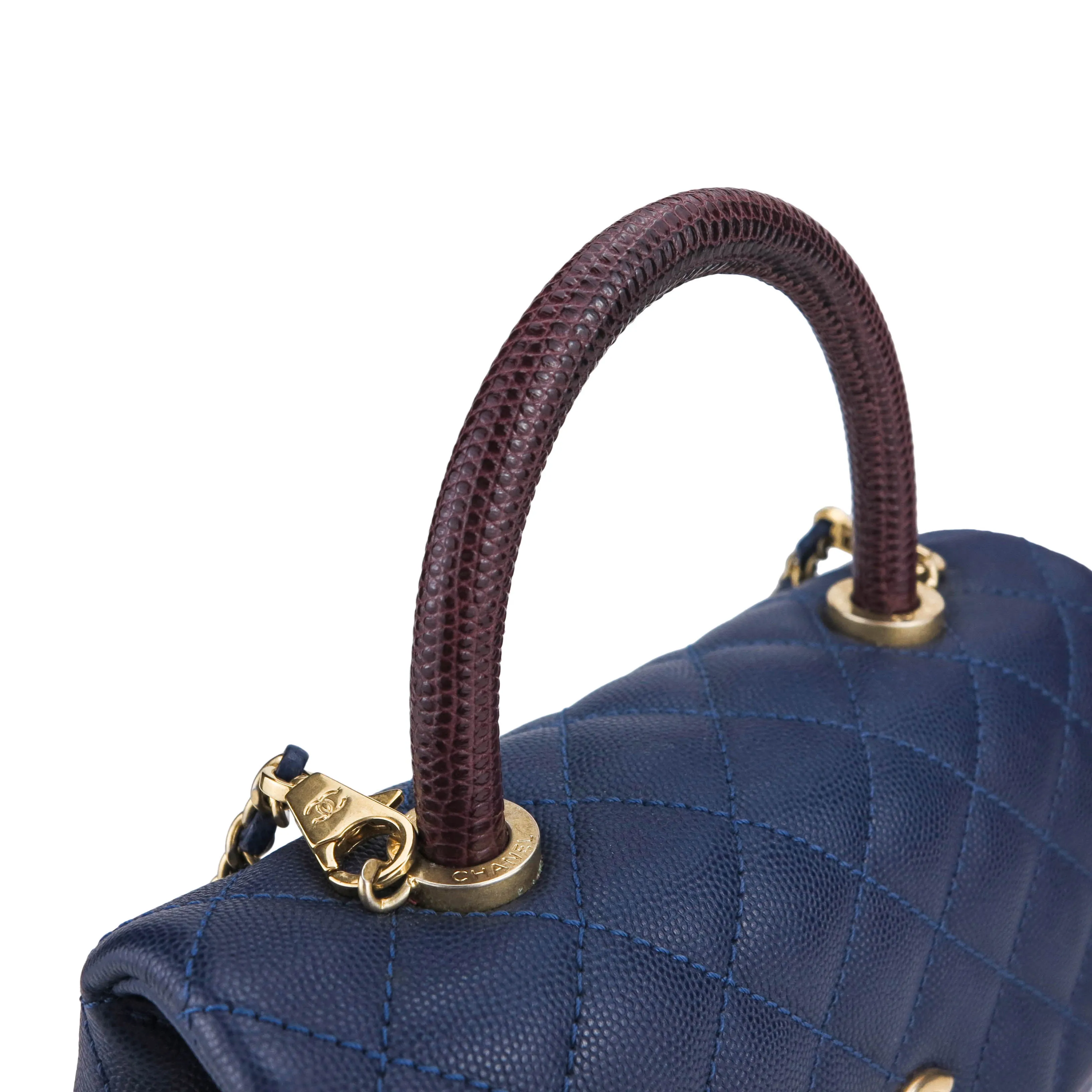 Lizard Mini Coco Handle Bag in Navy Caviar