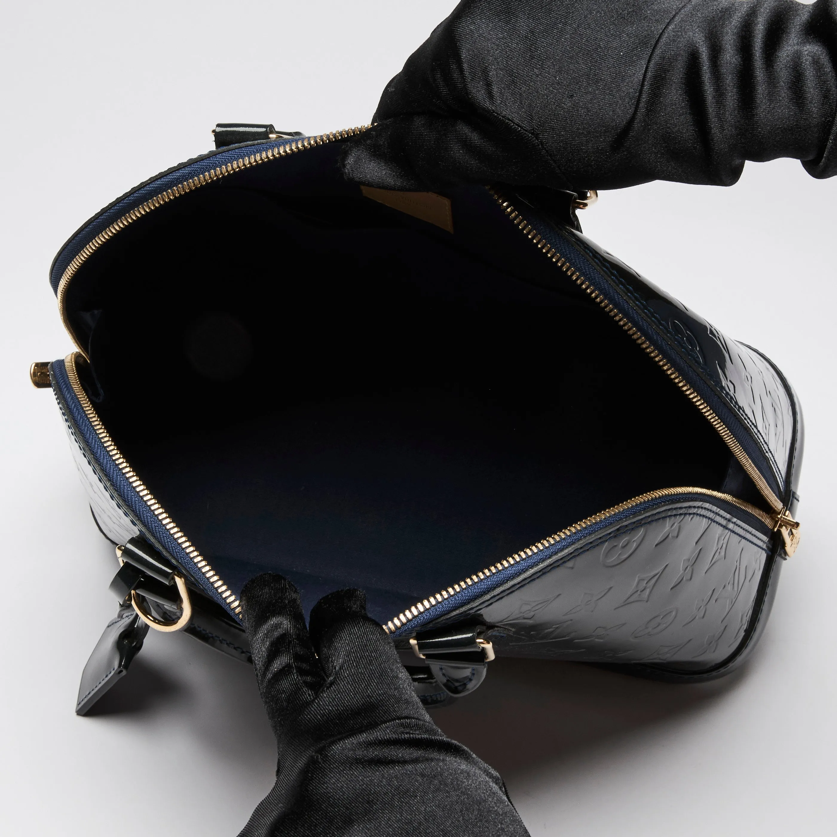 Louis Vuitton "Alma" PM Handbag in Navy Patent Leather