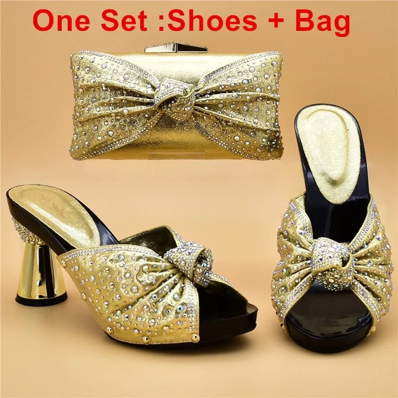 Luxury Italian Shoes and Bag Set for Party Decorated with Rhinestones