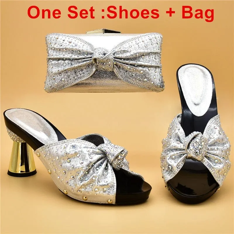 Luxury Italian Shoes and Bag Set for Party Decorated with Rhinestones