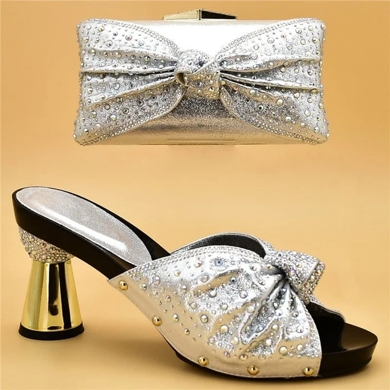 Luxury Italian Shoes and Bag Set for Party Decorated with Rhinestones