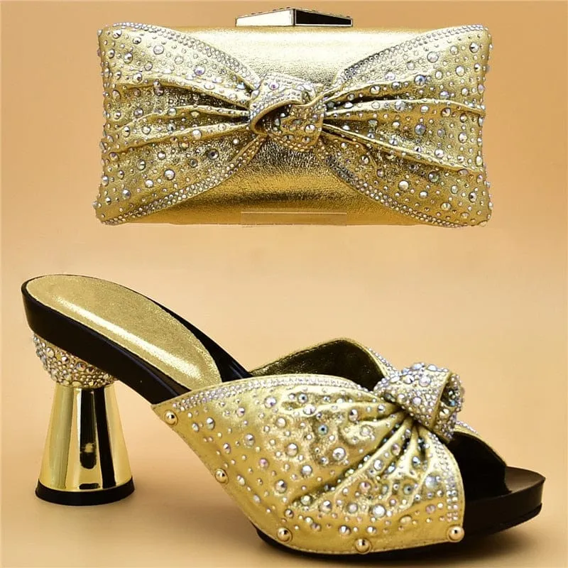 Luxury Italian Shoes and Bag Set for Party Decorated with Rhinestones