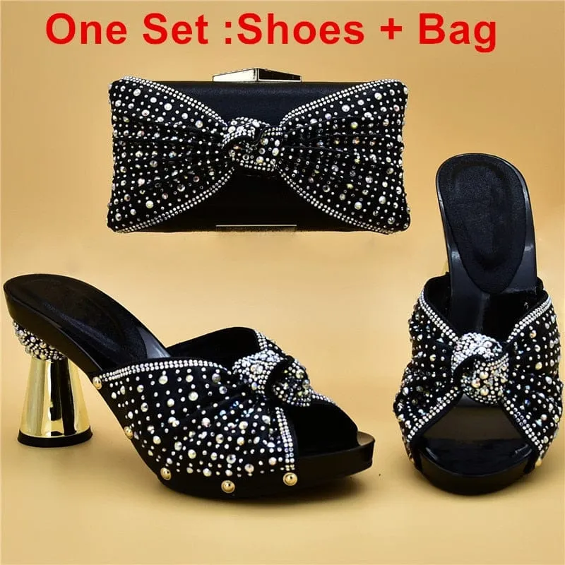Luxury Italian Shoes and Bag Set for Party Decorated with Rhinestones