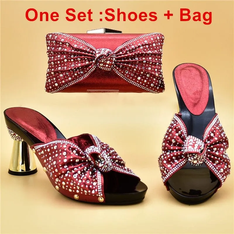 Luxury Italian Shoes and Bag Set for Party Decorated with Rhinestones