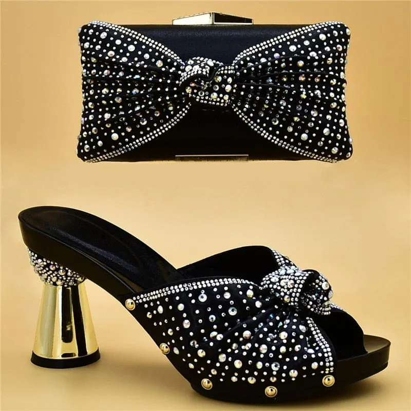 Luxury Italian Shoes and Bag Set for Party Decorated with Rhinestones