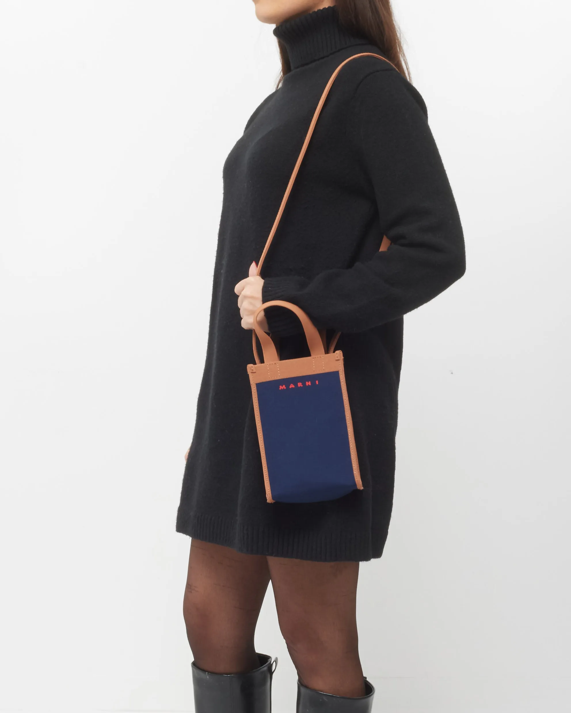 Marni Navy Blue & Brown Canvas Museo Nano Crossbody Bag