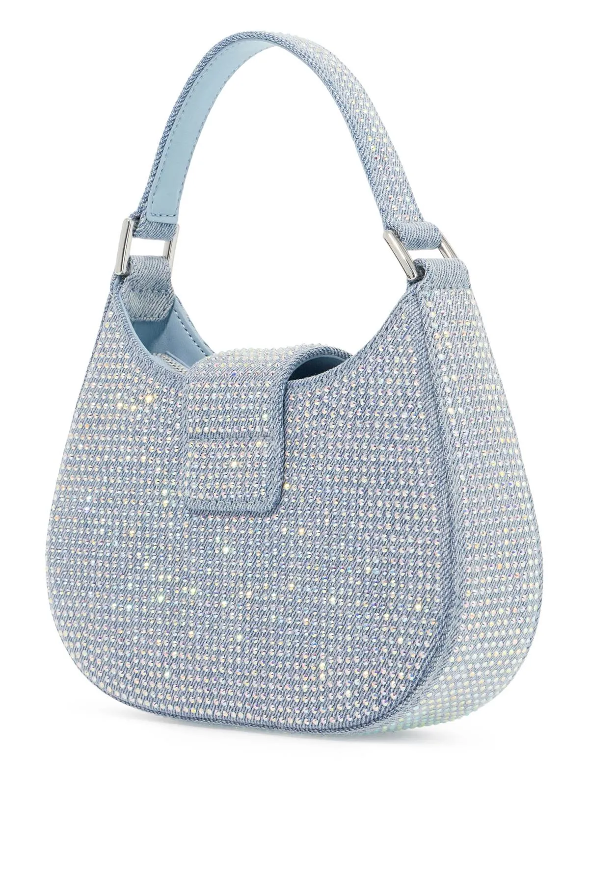 mini crescent denim bag with rhinestones