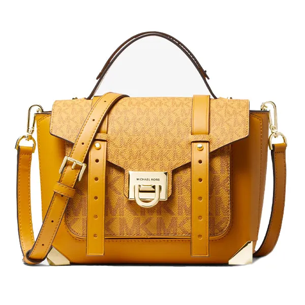 MK Manhatten Medium Leather and Logo Satchel Marigld Multi- 35F1GNCS6V