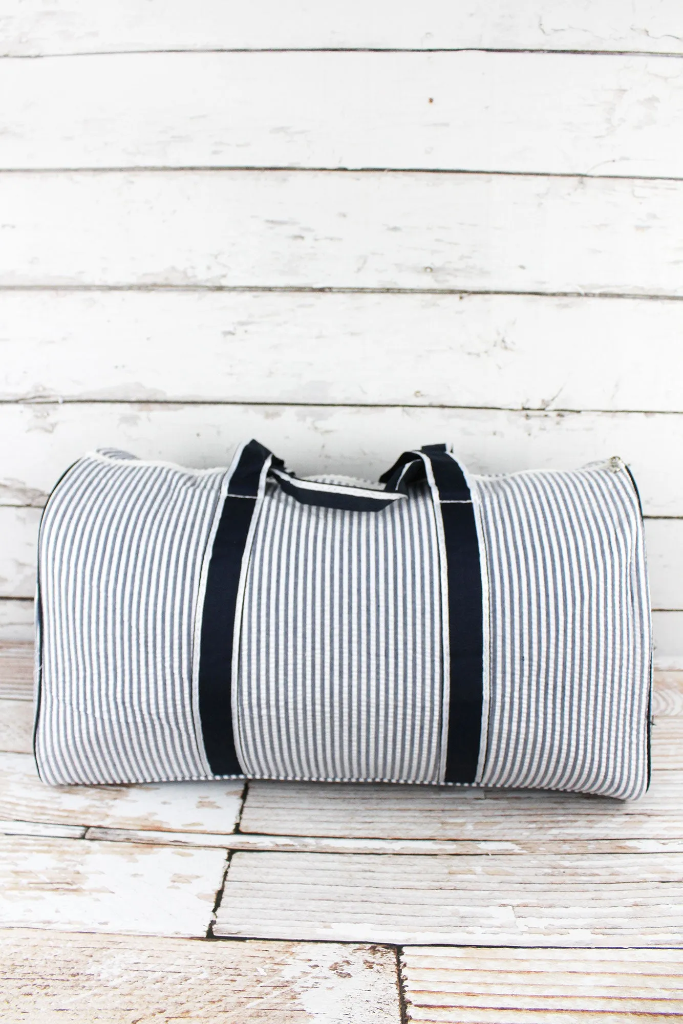 Navy Striped Seersucker Duffle Bag 21"
