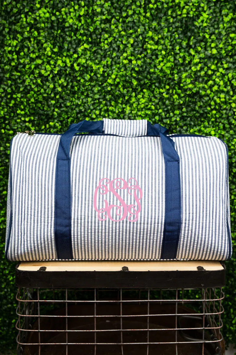 Navy Striped Seersucker Quilted Duffle Bag 18"
