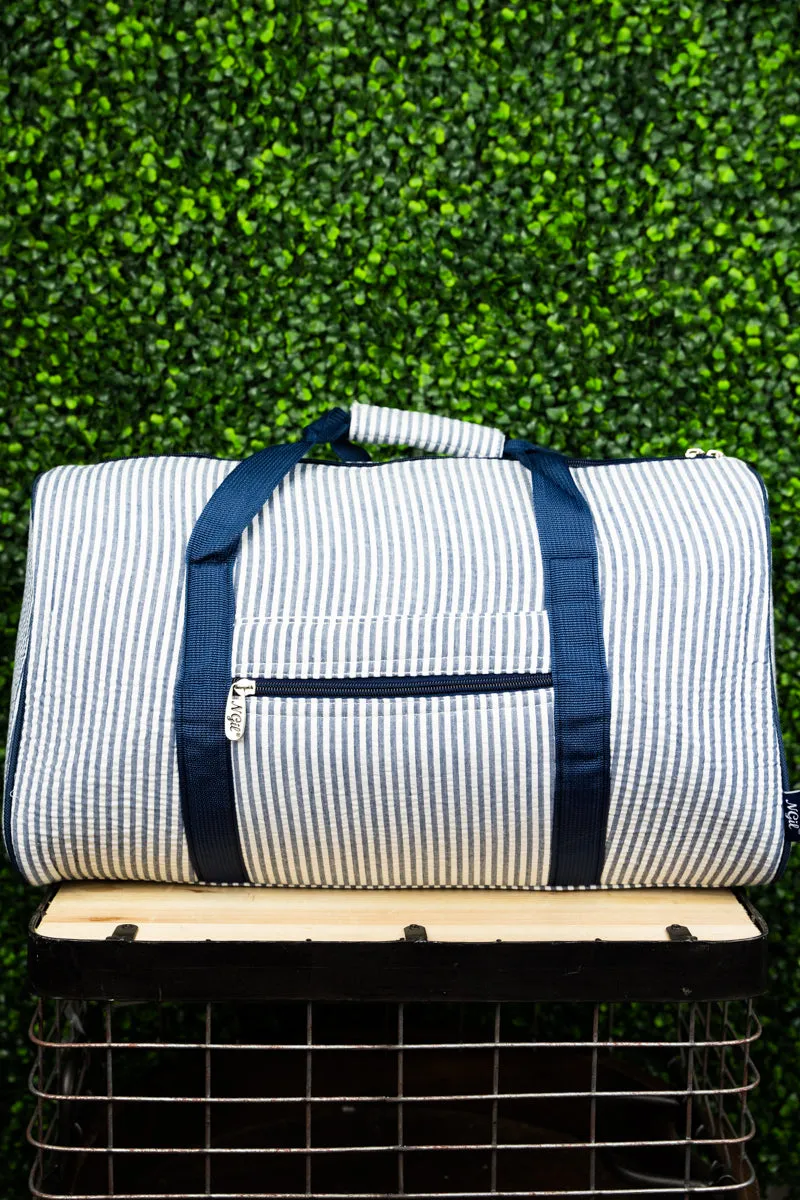 Navy Striped Seersucker Quilted Duffle Bag 18"