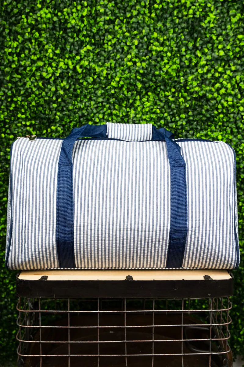 Navy Striped Seersucker Quilted Duffle Bag 18"