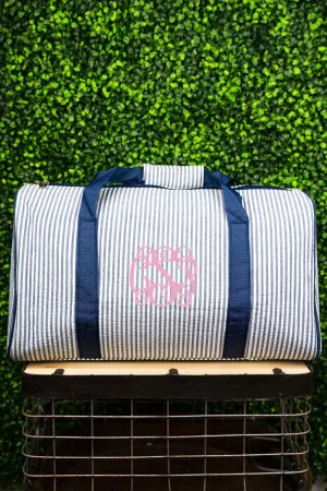 Navy Striped Seersucker Quilted Duffle Bag 18"