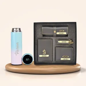 Personalised Pastel Temperature Display Bottle & All in One Men's Combo (4 pcs)  - Grey