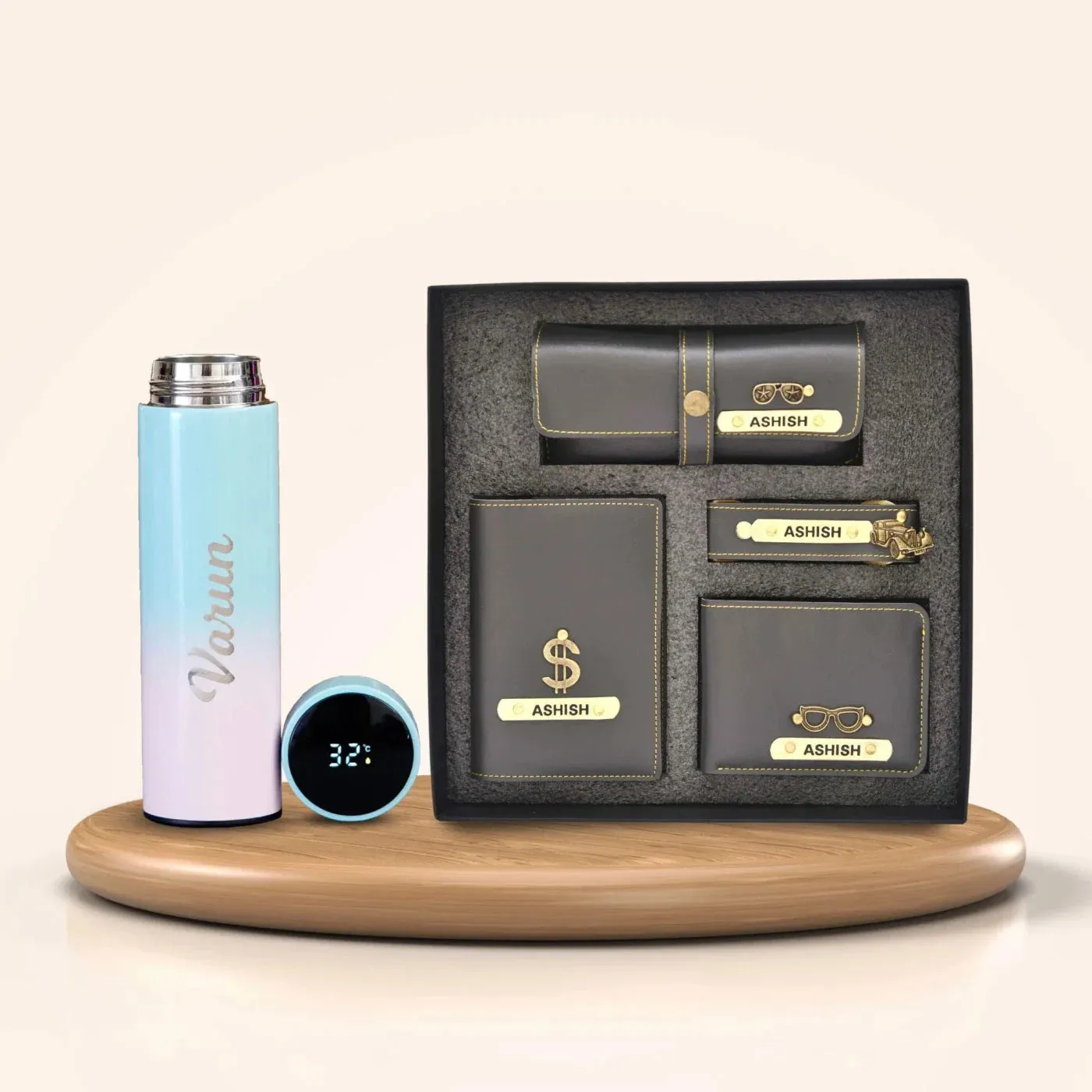 Personalised Pastel Temperature Display Bottle & All in One Men's Combo (4 pcs)  - Grey