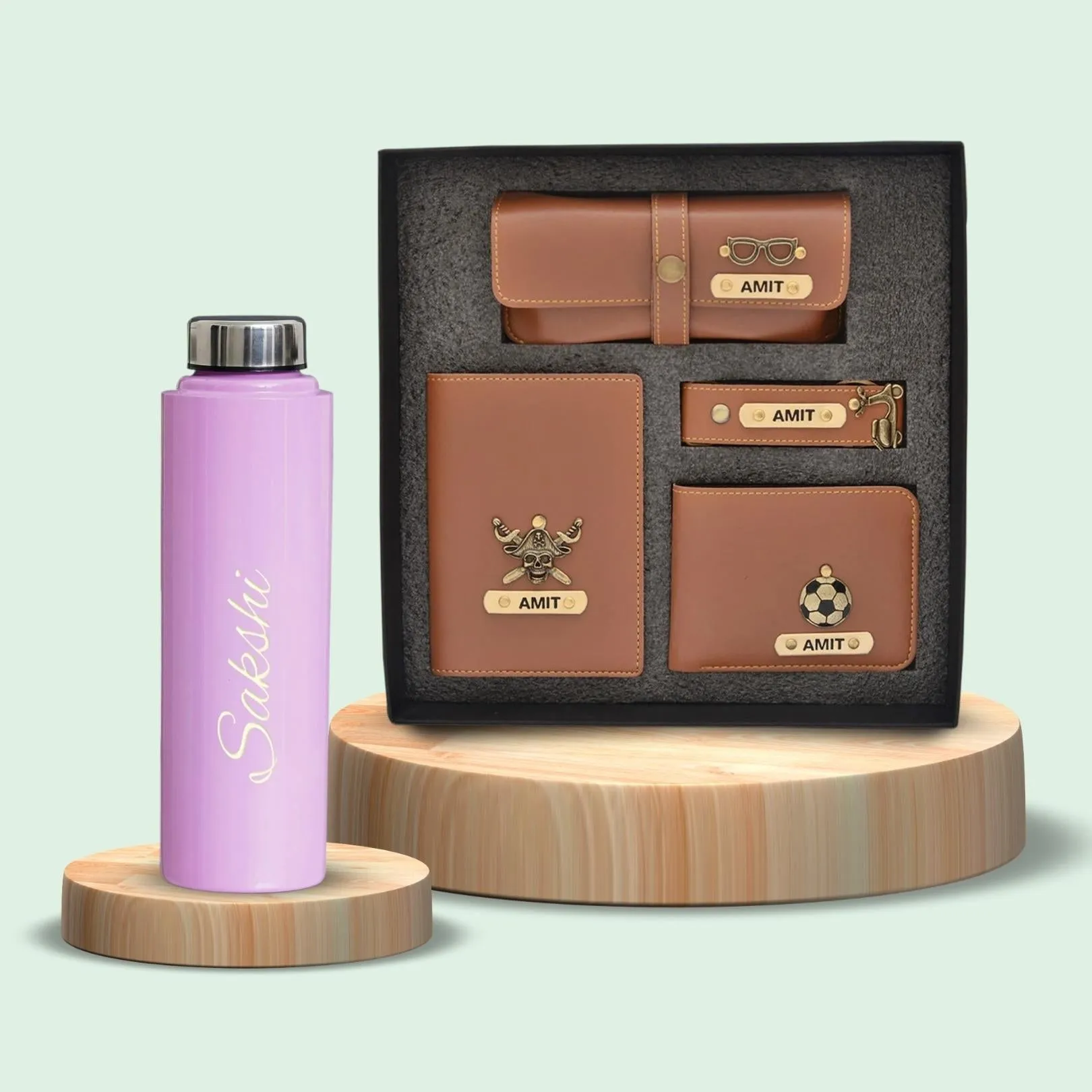 Personalised Pink Classic Smart Bottle (1 Litre) & All in One Men's Combo (4 pcs) - Tan